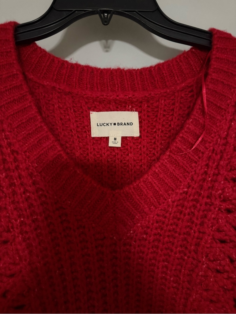 Lucky Brand Bright Red V-Neck Pointelle Sweater - Picture 2 of 4